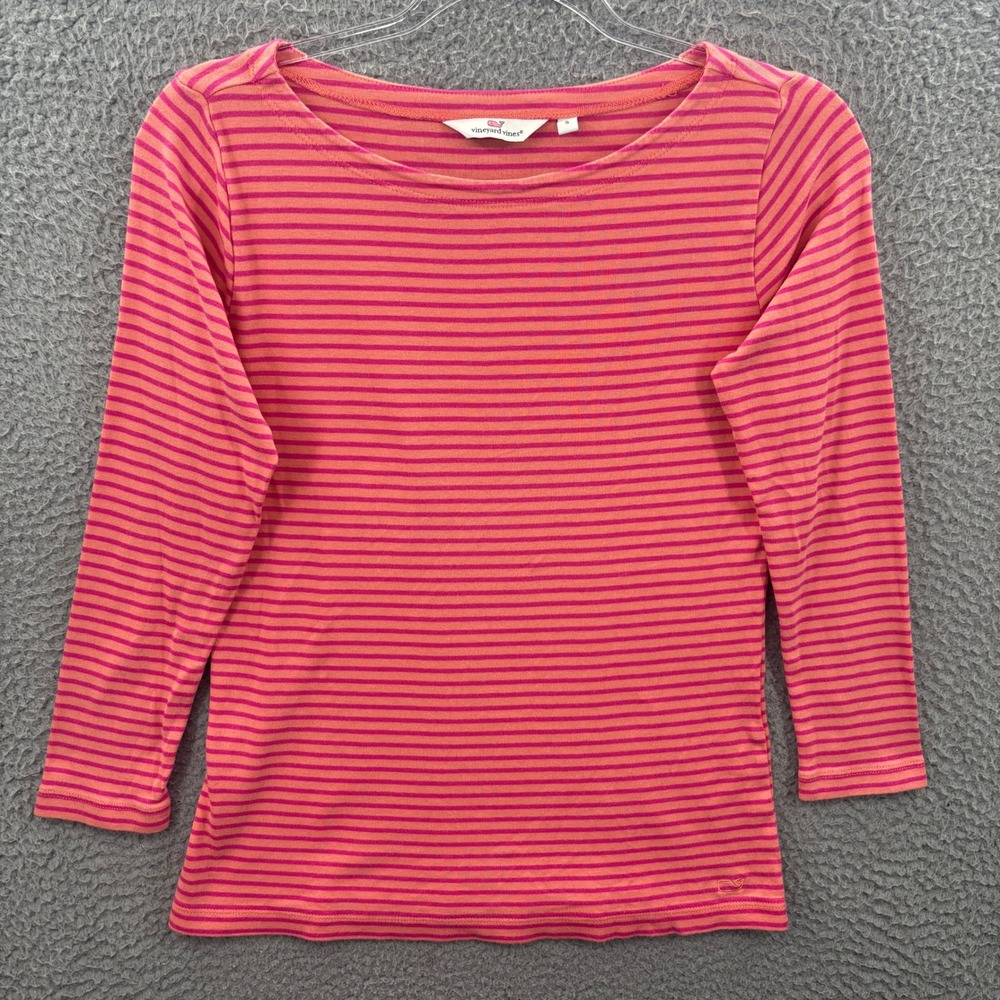 Vineyard Vines Shirt Women S Pink Orange Striped Boat Neck 3/4 Sleeve Top Cotton